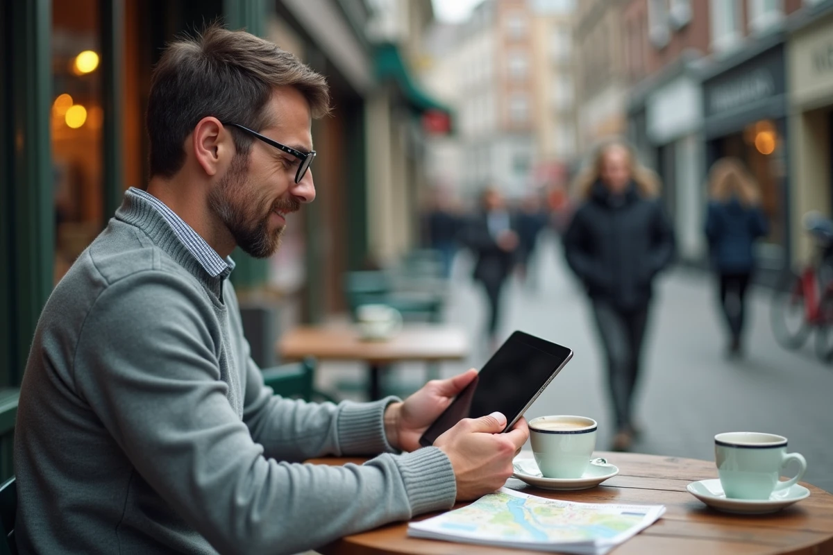 Homme comparant Google Maps et Mappy sur une tablette en terrasse de café