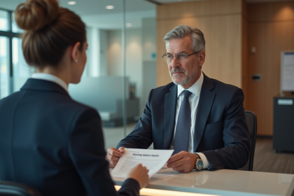 Homme d'âge moyen remettant ses documents d'identité à une professionnelle dans un bureau moderne