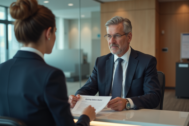 Homme d'âge moyen remettant ses documents d'identité à une professionnelle dans un bureau moderne