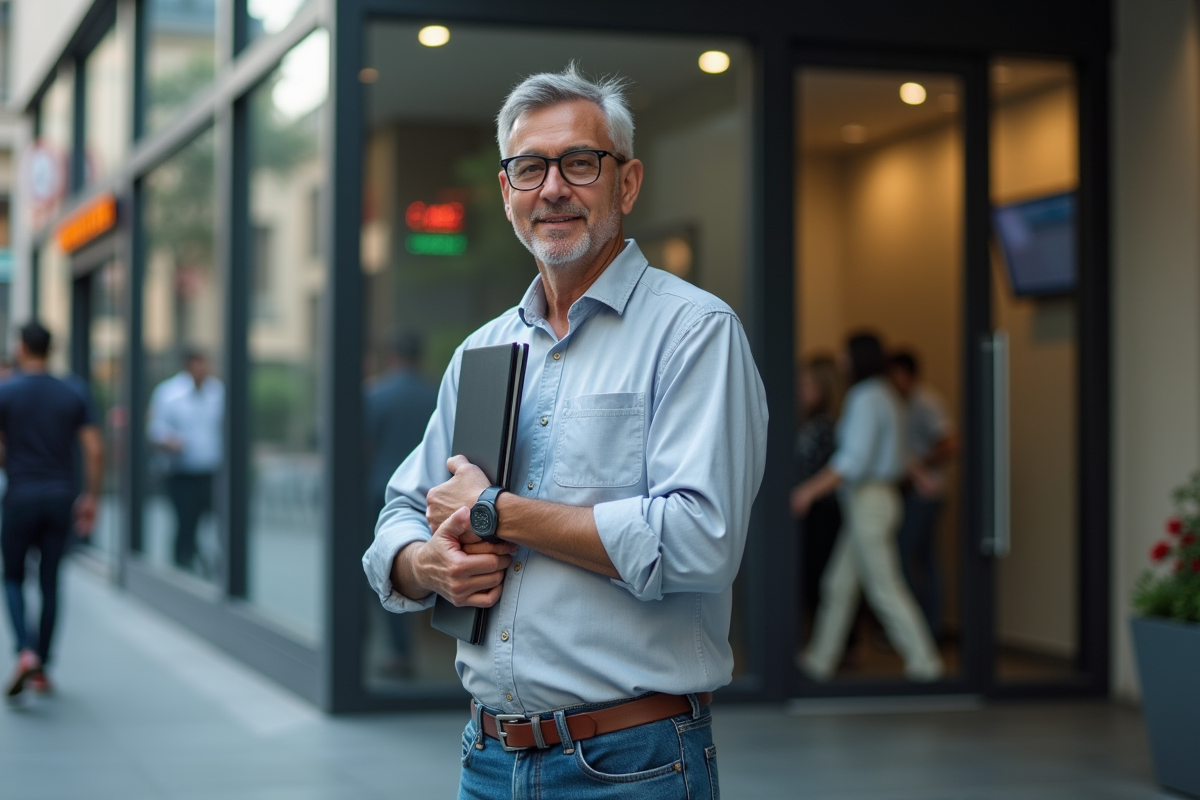 Homme devant un centre de demande de visa urbain
