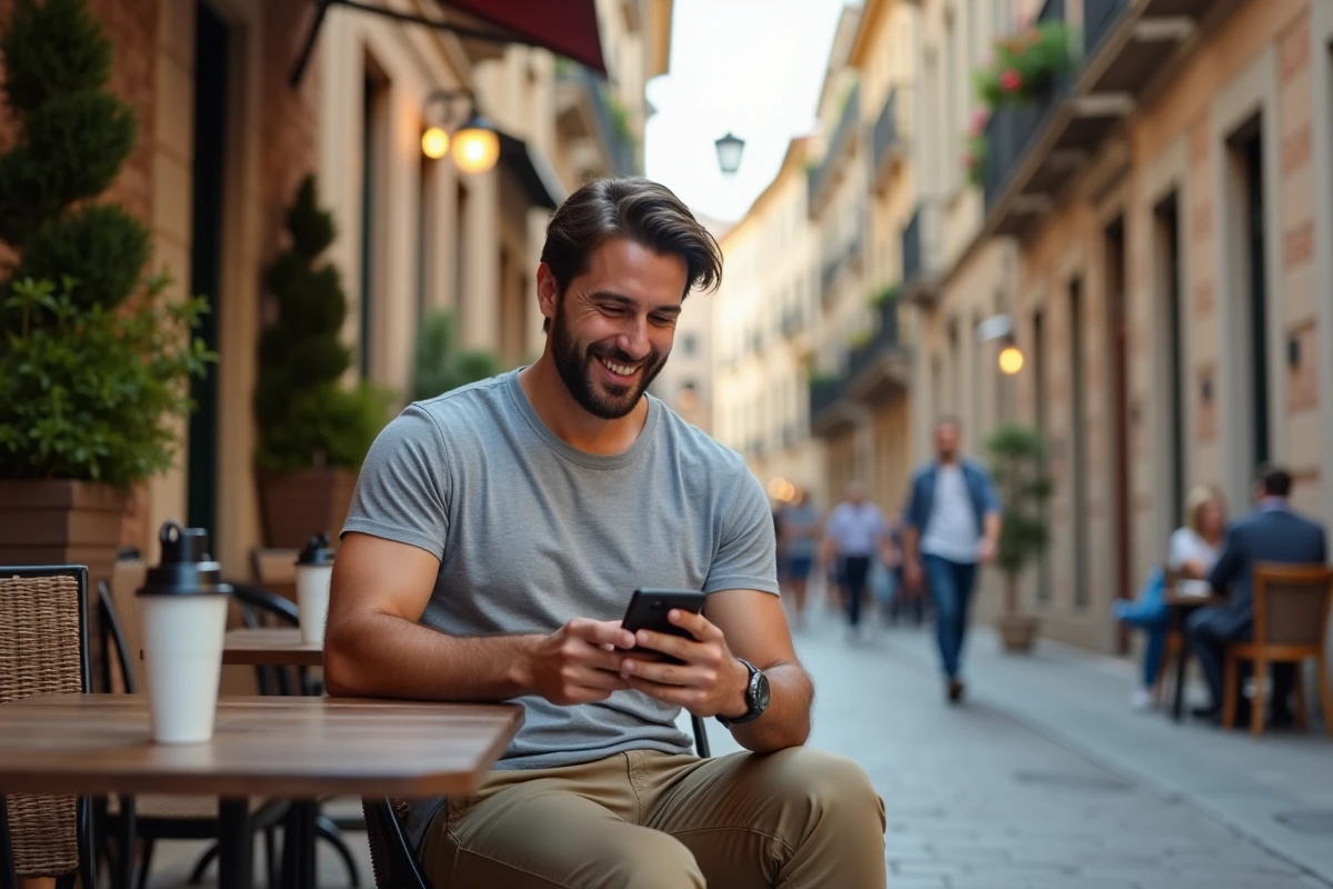 Homme consultant son forfait données mobile en voyage dans un café en plein air à l'étranger