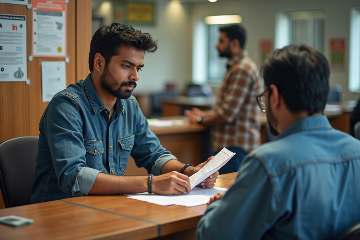 Jeune homme indien aidant avec un formulaire de plainte