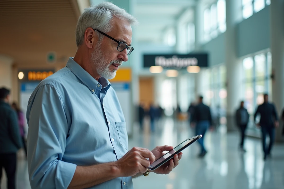 Homme âgé complétant une inscription en ligne dans un hall moderne