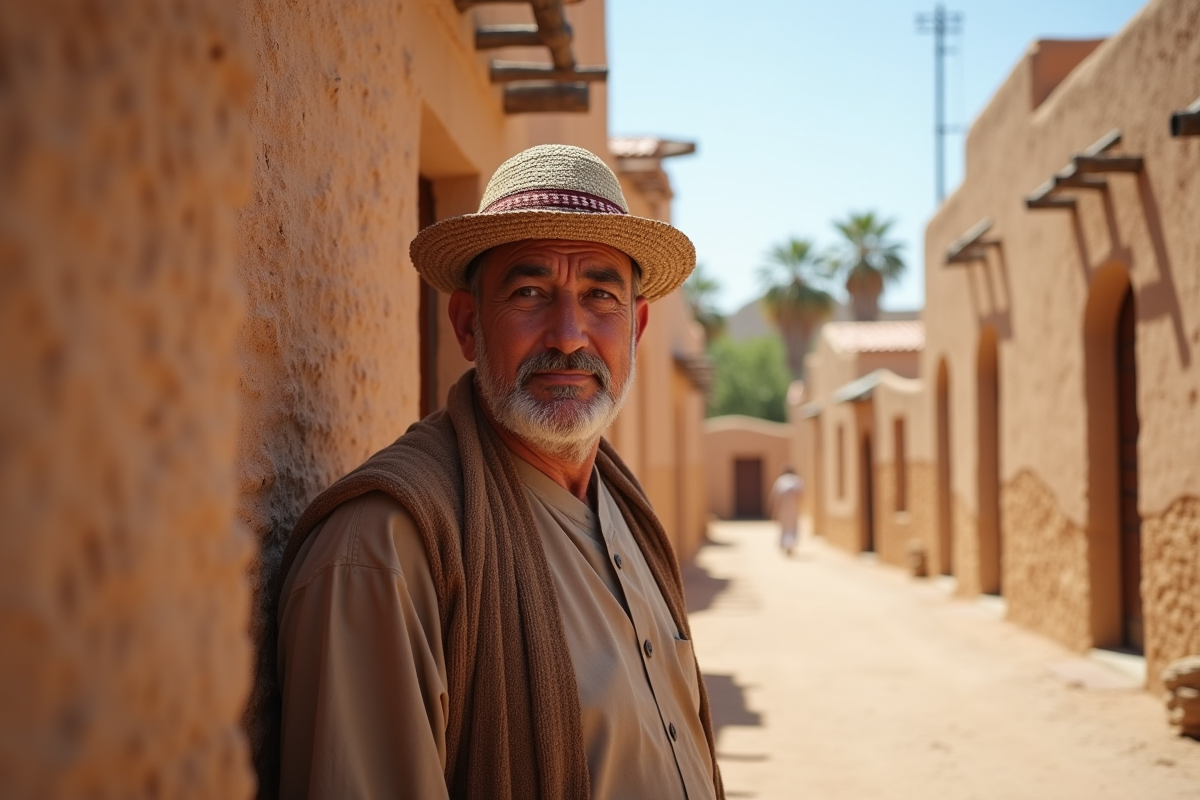 Homme marocain dans une kasbah en adobe au soleil