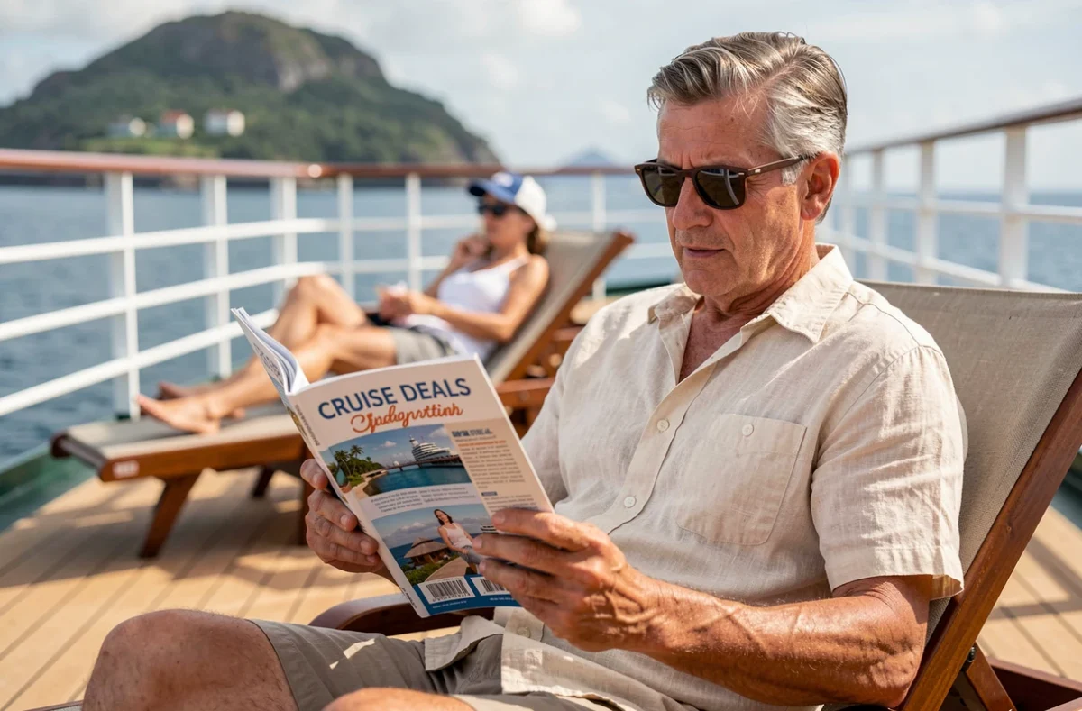 Homme lisant un magazine de bons plans croisière sur le pont d'un paquebot