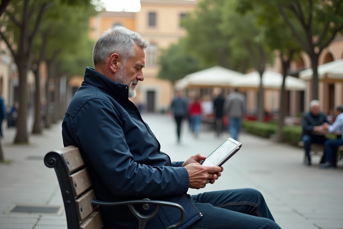 Homme lisant des guides de voyage sur une tablette en plein air