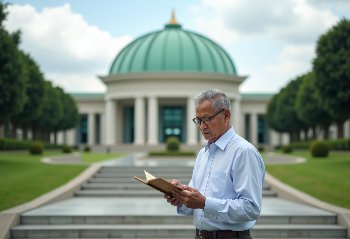 Homme malaysien lisant un panneau à Putrajaya