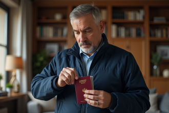 Homme range son passeport dans un coffre-fort à la maison