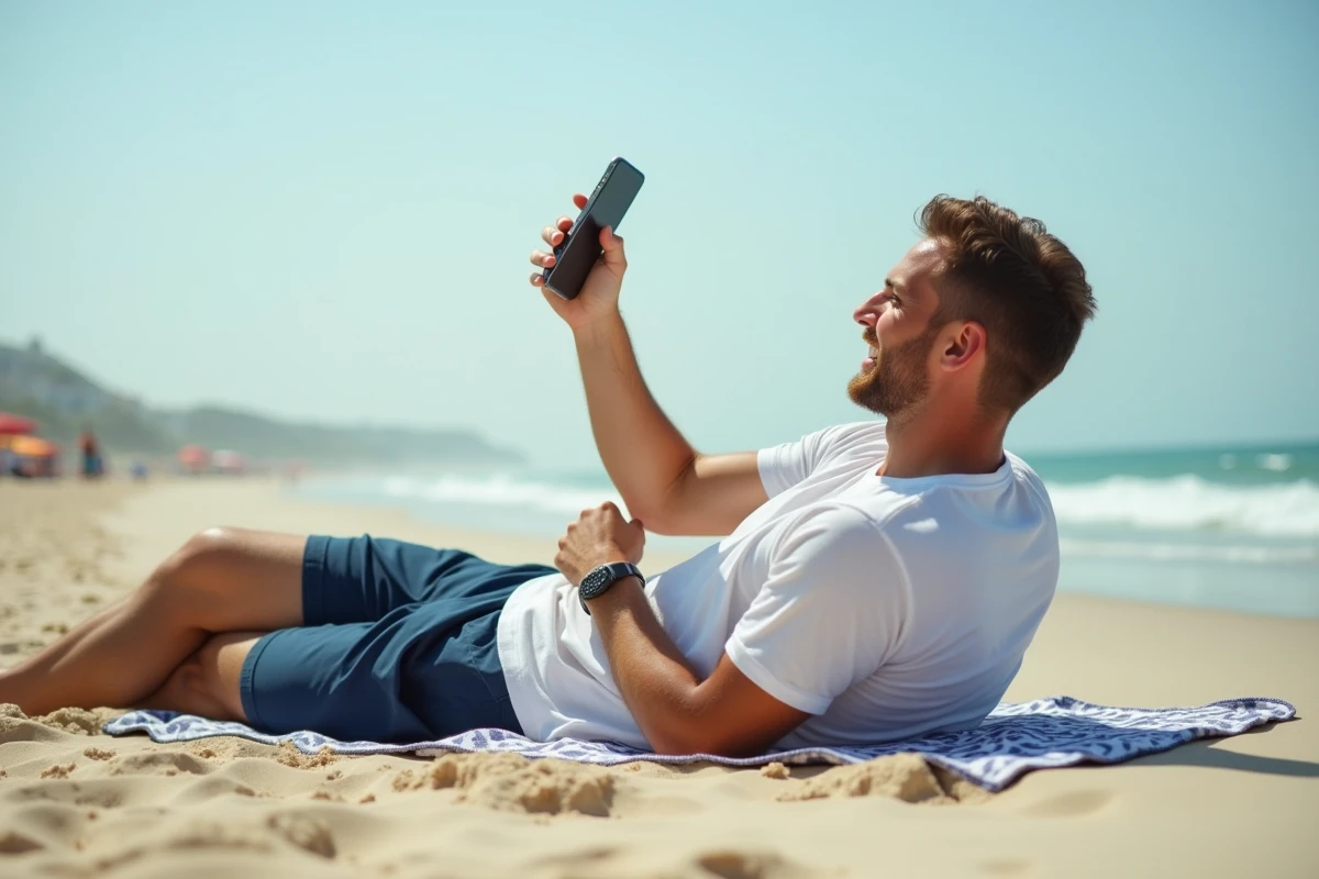 Homme allongé sur la plage consultant son téléphone, évoquant le partage de publications de vacances et les erreurs de français sur les réseaux sociaux