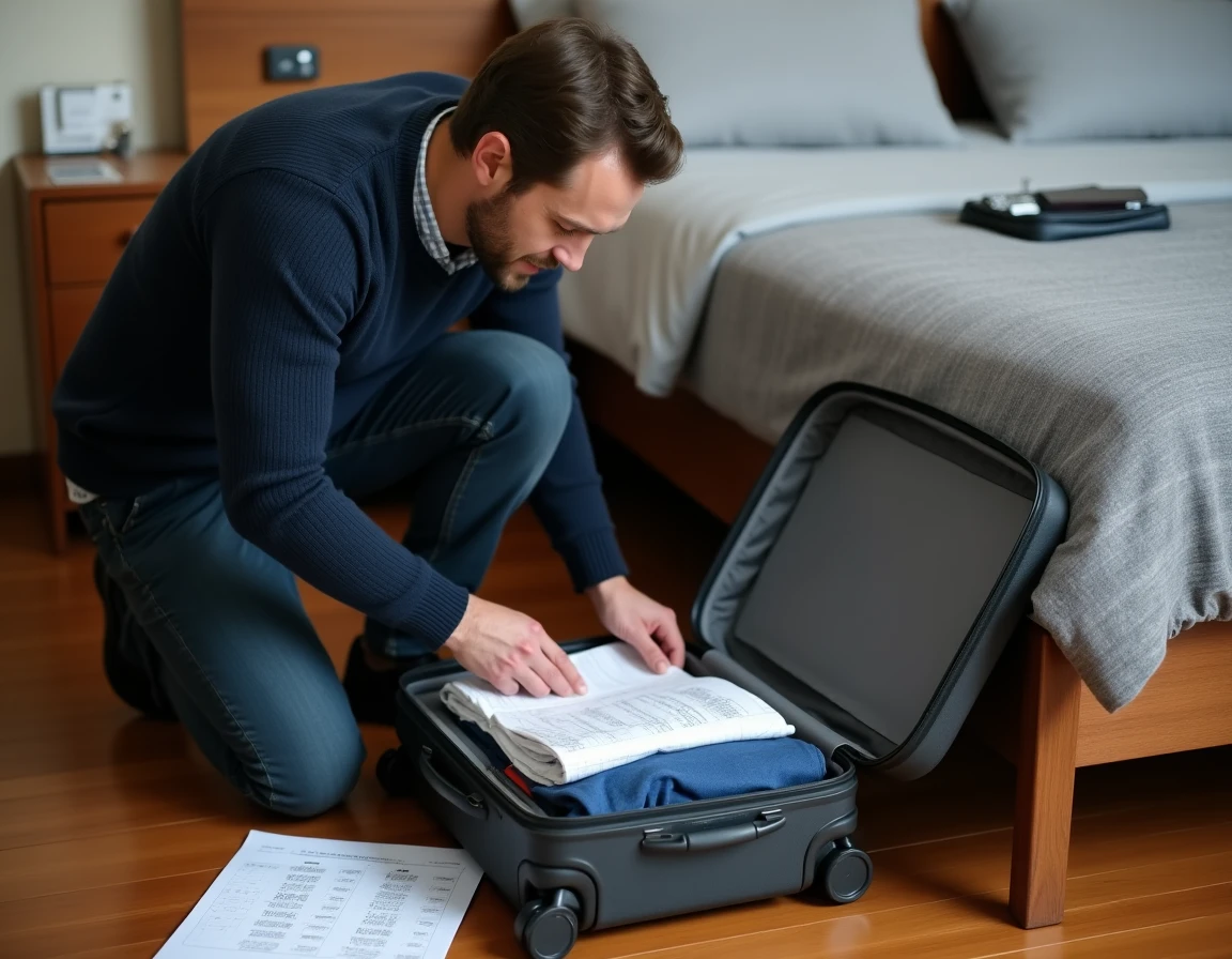Homme préparant sa valise cabine en vérifiant les dimensions autorisées par la compagnie aérienne
