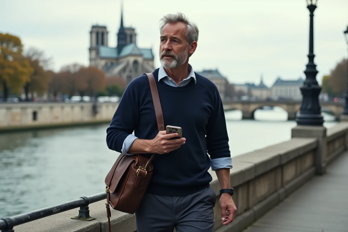 Homme marchant sur les quais de Seine à Paris avec une carte sur smartphone, balade piétonne