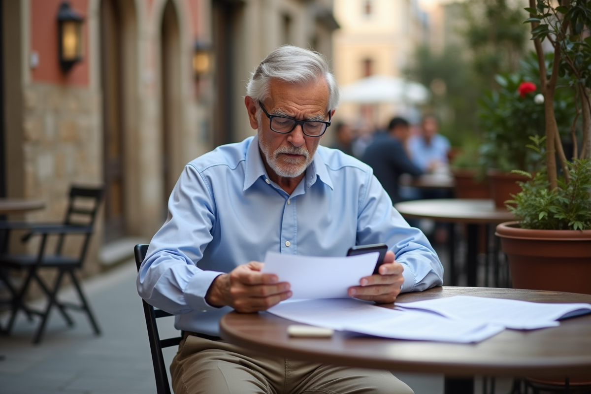Homme d age dans un café urbain examine ses papiers