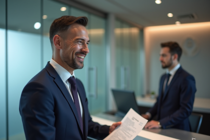 Homme d'âge moyen souriant avec document officiel au consulat
