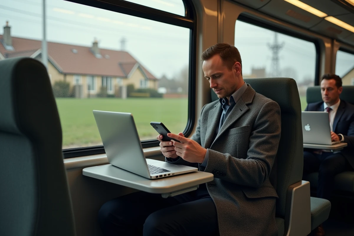 Homme travaillant sur son ordinateur portable pendant son trajet en train domicile-travail