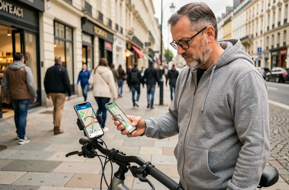 Homme avec vélo consultant une application de navigation Mappy sur téléphone pour planifier son trajet en ville