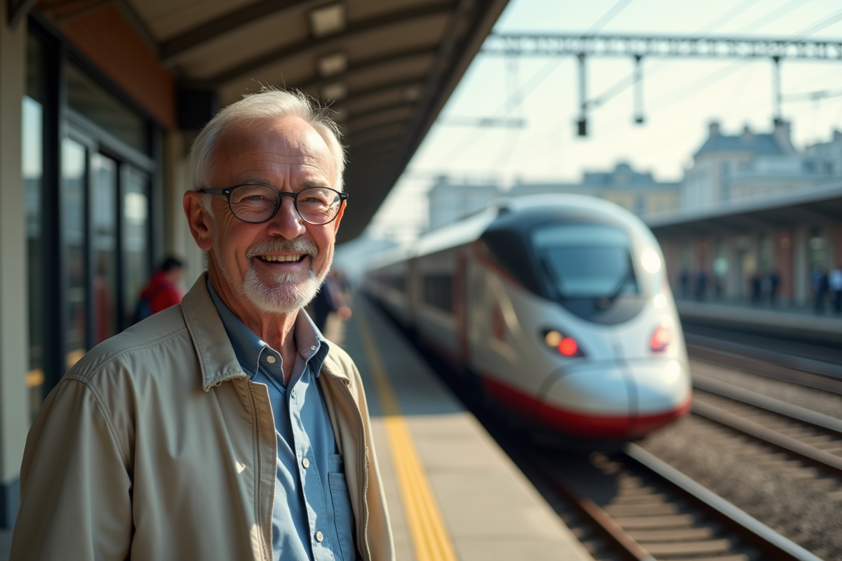 Homme âgé sur la plateforme de train avec Interrail en main