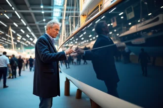 Homme en manteau marin inspectant un voilier au salon nautique