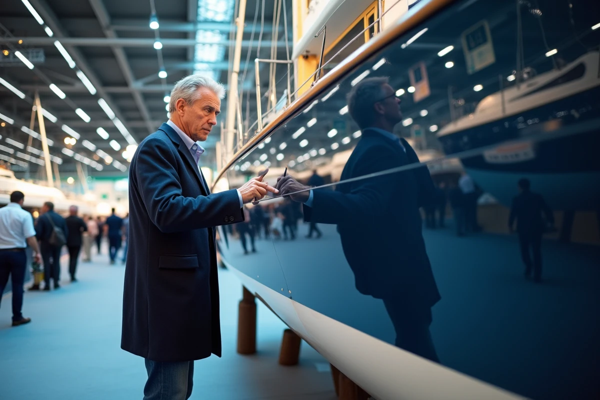 Homme en manteau marin inspectant un voilier au salon nautique