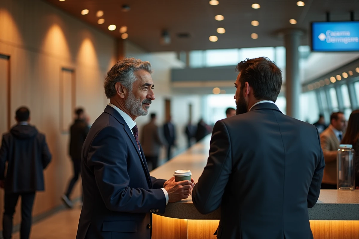 Deux hommes d affaires discutant au café de l aéroport de Casablanca