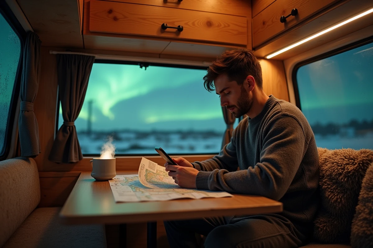 Intérieur douillet d'un van aménagé en Islande avec un voyageur consultant une carte et les prévisions d'aurore boréale