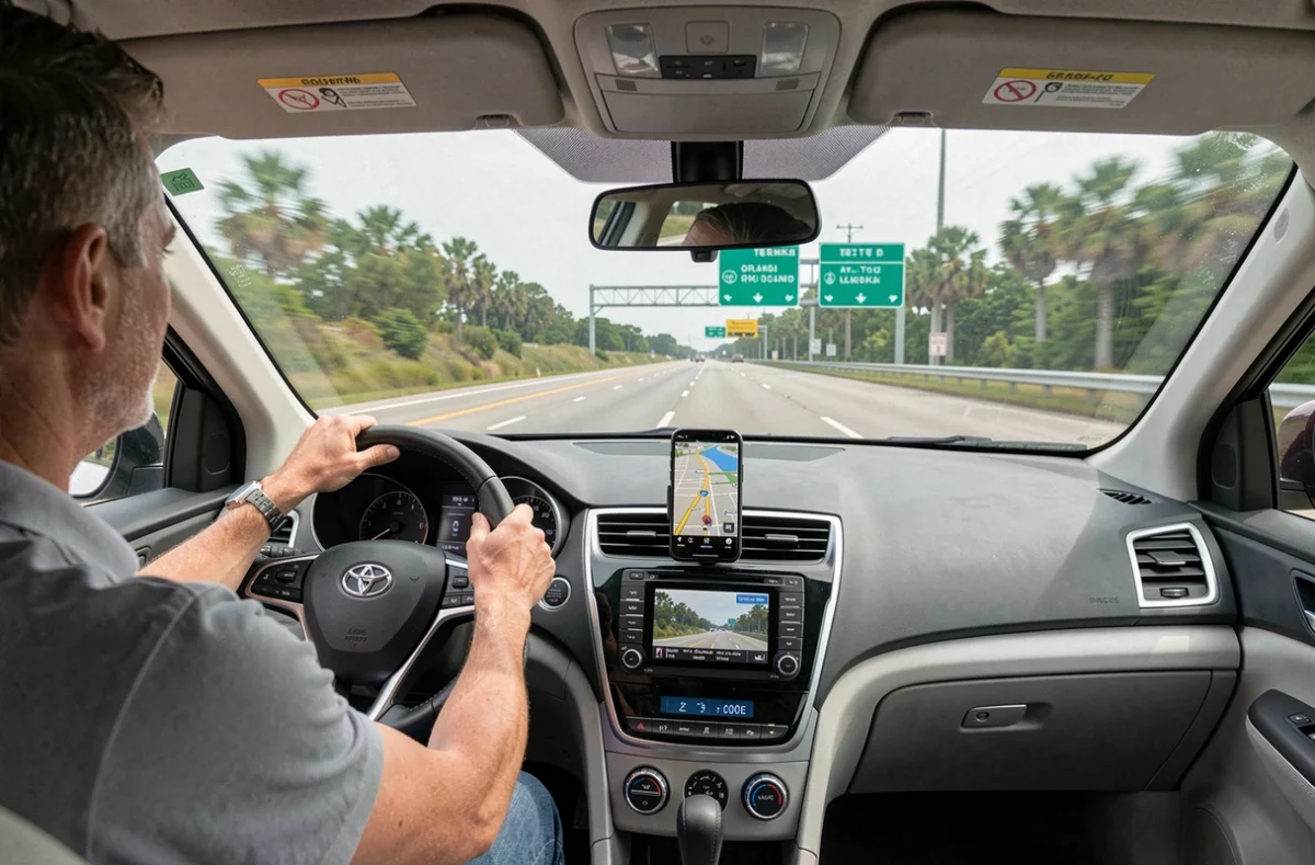 Intérieur de voiture sur l'autoroute Florida's Turnpike avec GPS montrant la direction d'Orlando depuis Miami