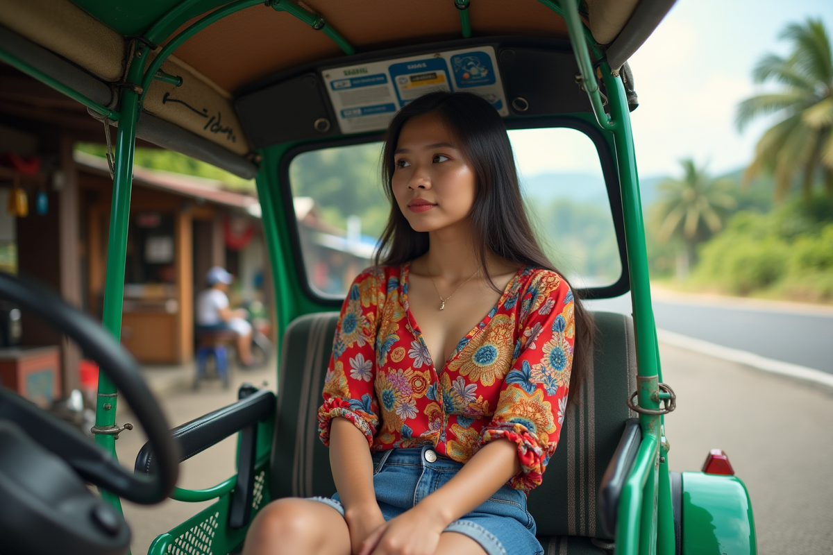 Jeune femme filipino dans un tricycle provincial au bord de la route