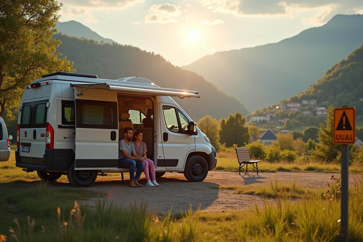Jeune couple assis devant leur van dans un camping en France