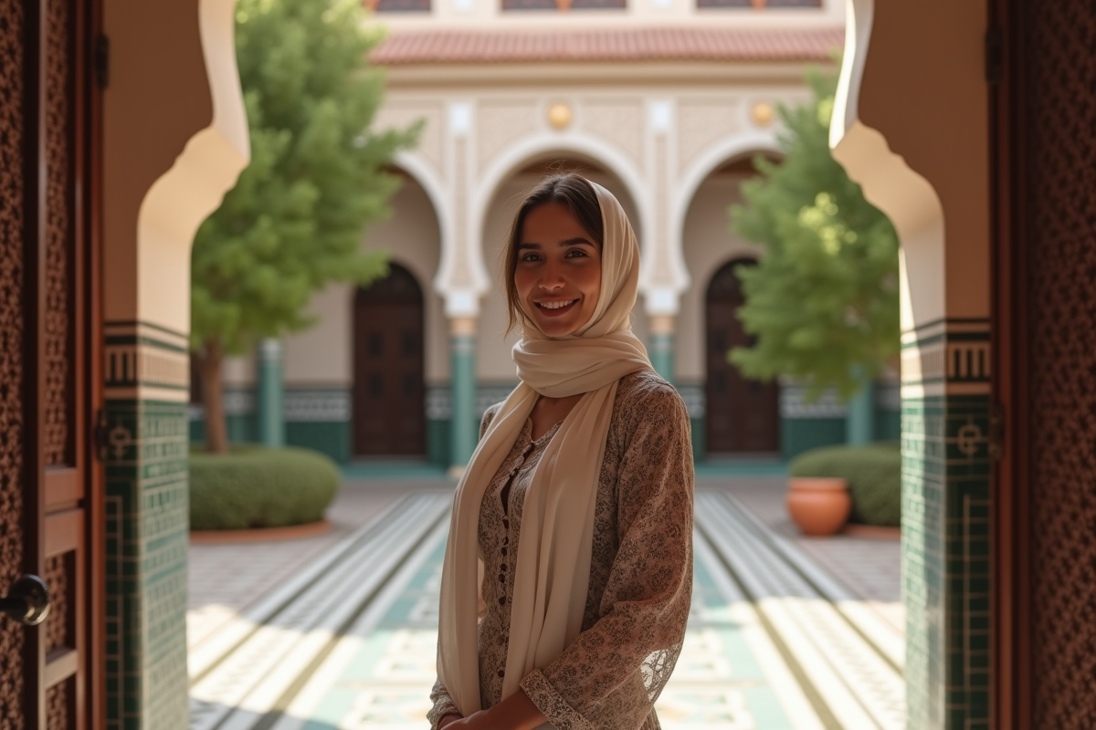 Jeune femme souriante devant le palais Bahia à Marrakech