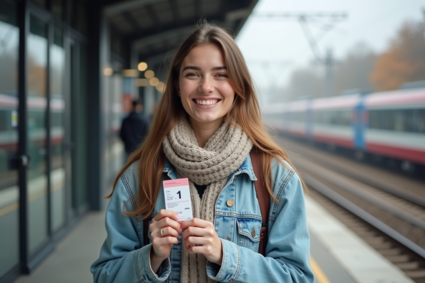 Jeune femme souriante avec billet train à 1 euro sur plateforme