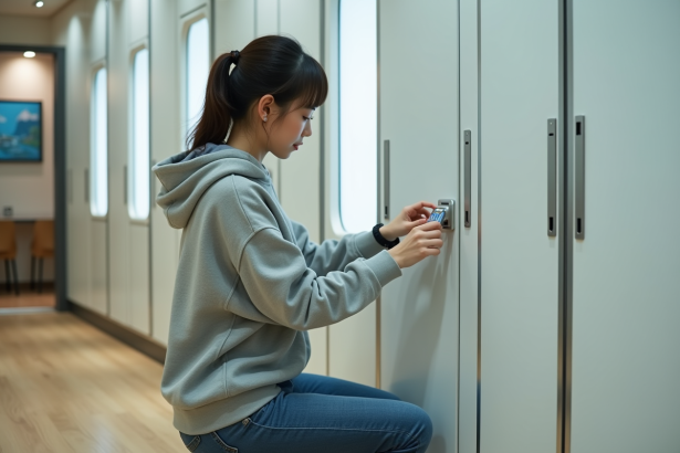 Jeune femme asiatique insérant une carte dans une capsule hotel
