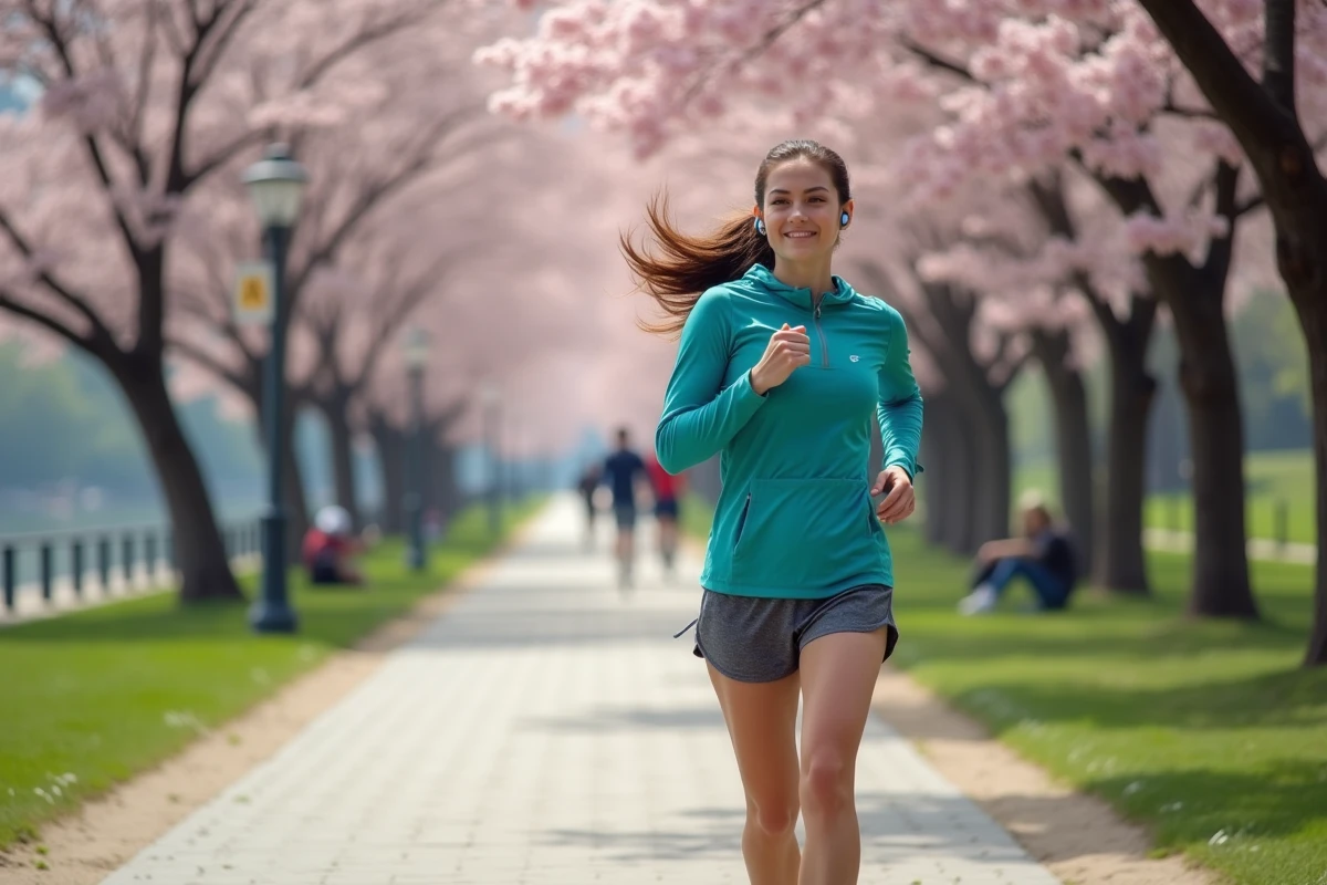 Jeune femme courant dans le parc avec cerisiers en fleurs