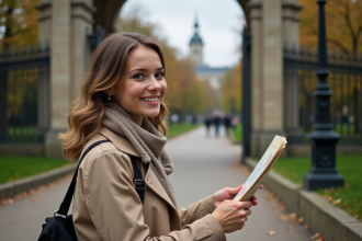 Jeune femme souriante avec trench beige au parc ButtesChaumont