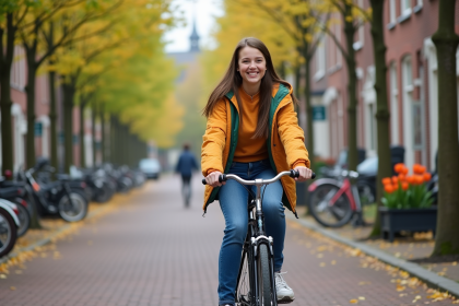Jeune fille néerlandaise à vélo dans une rue urbaine