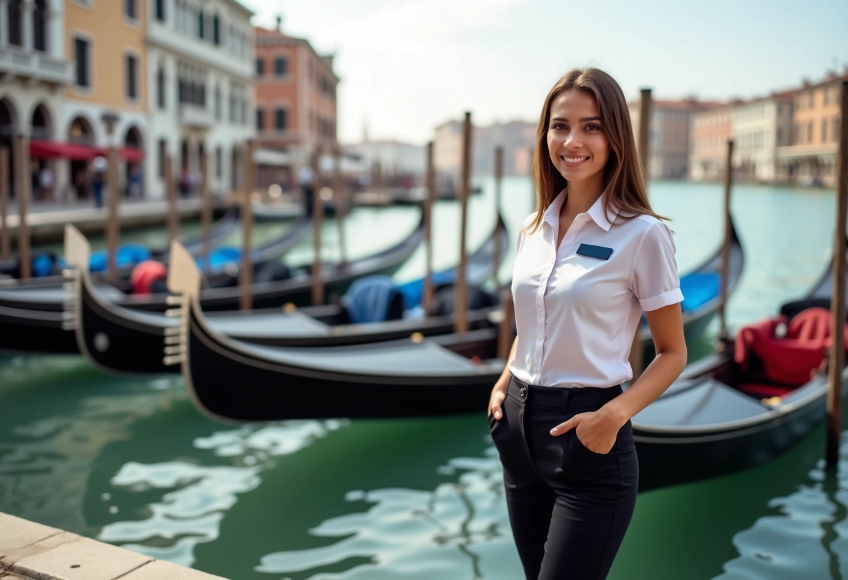 Jeune gondolière en uniforme discutant au port