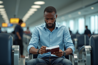 Jeune homme africain inquiet à l'aéroport avec passeport