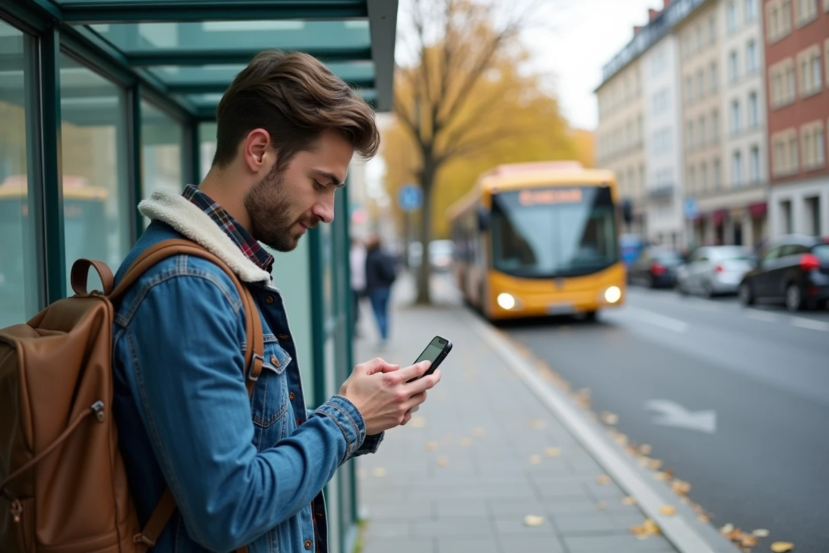 Jeune homme consultant une application de trajet à un arrêt de bus en ville pour son déplacement domicile-travail