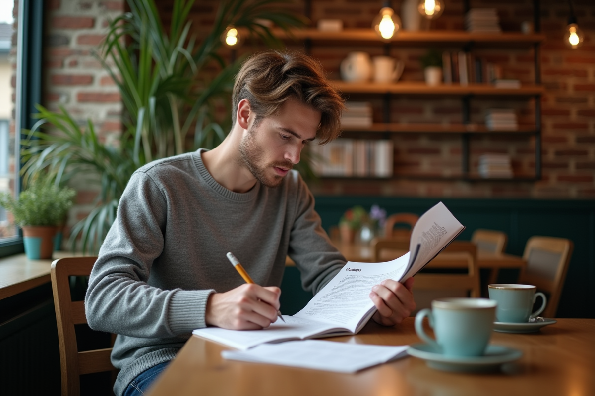 Jeune homme lisant document dans un café cosy