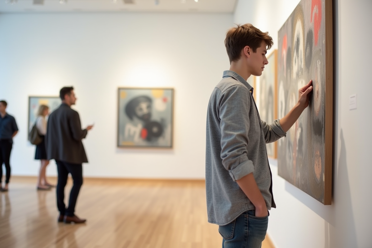Jeune homme regardant une peinture abstraite dans une galerie