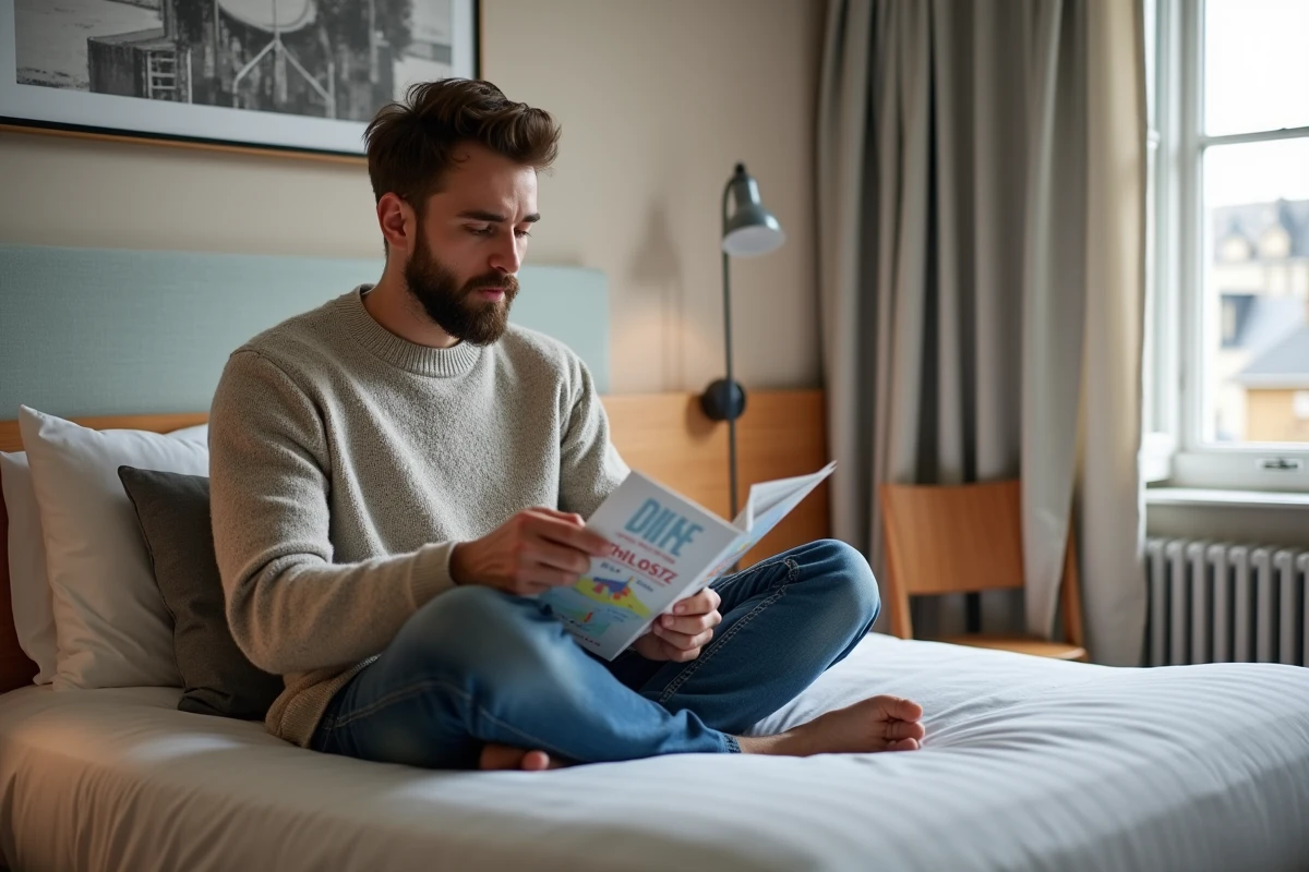 Jeune homme lisant un guide dans une chambre à Dijon