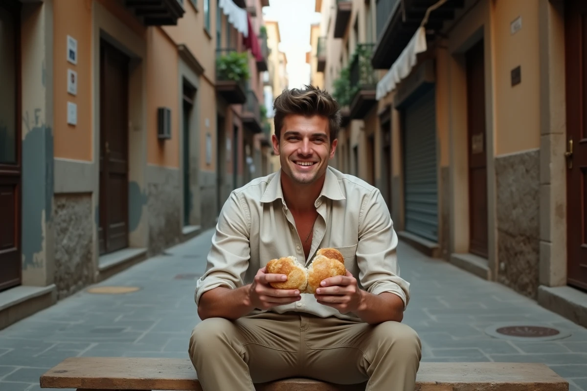 Jeune homme dégustant un sandwich panelle dans une ruelle