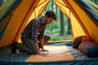 Jeune homme en camping dans une tente en forêt