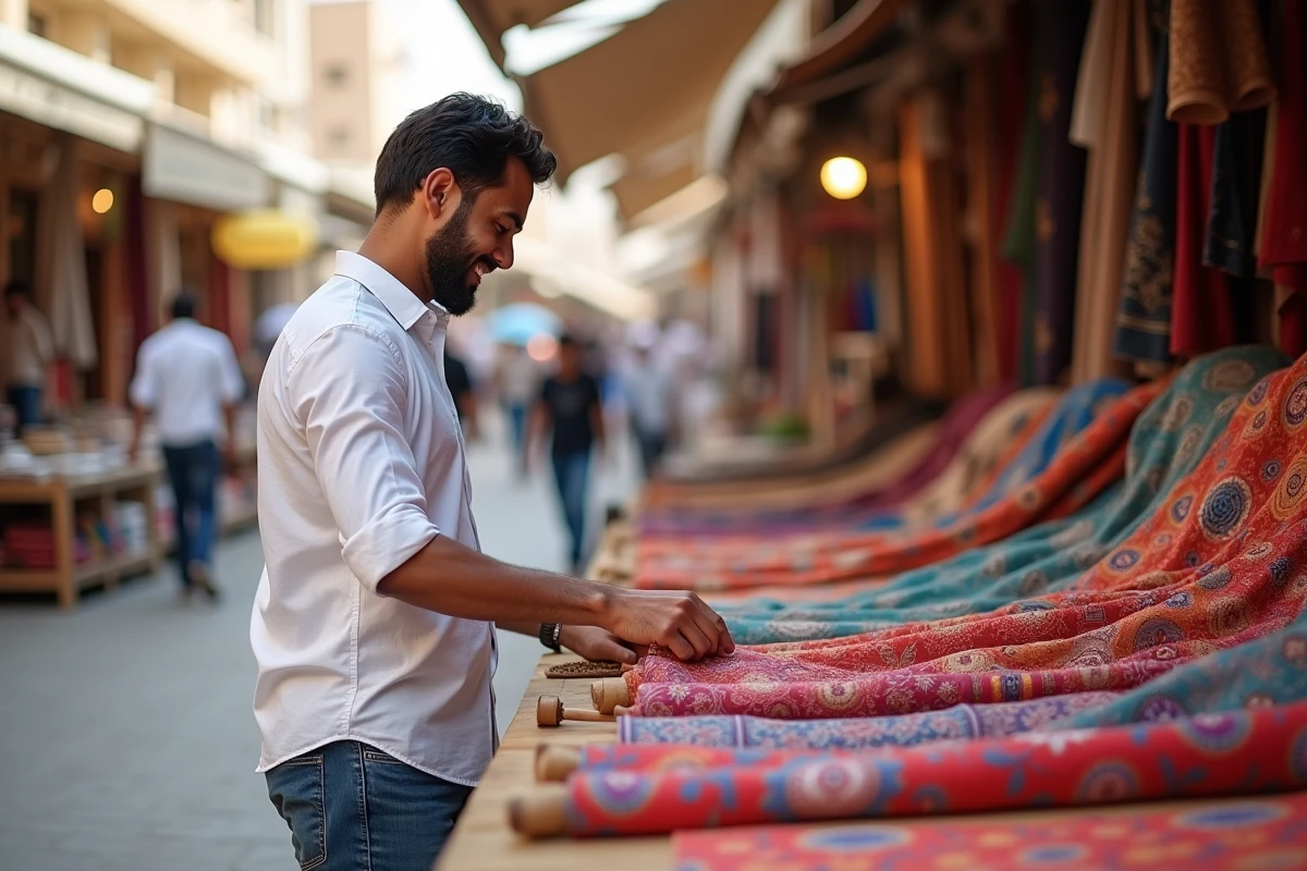 Jeune homme regardant des tissus colorés au souk de Deira
