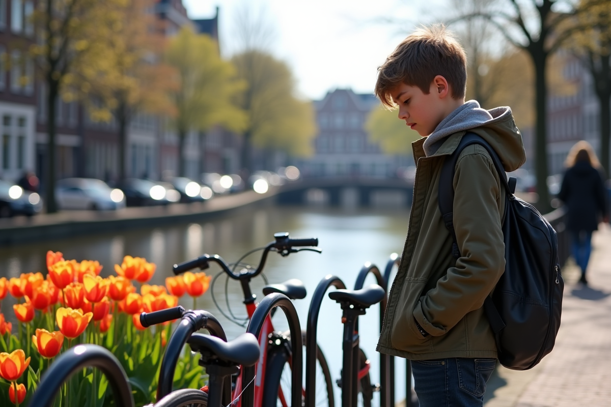 Jeune regardant un support à vélos vide à Amsterdam