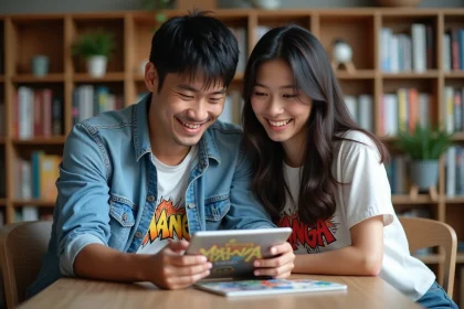 Jeune couple regardant un manga sur une tablette dans un intérieur cosy