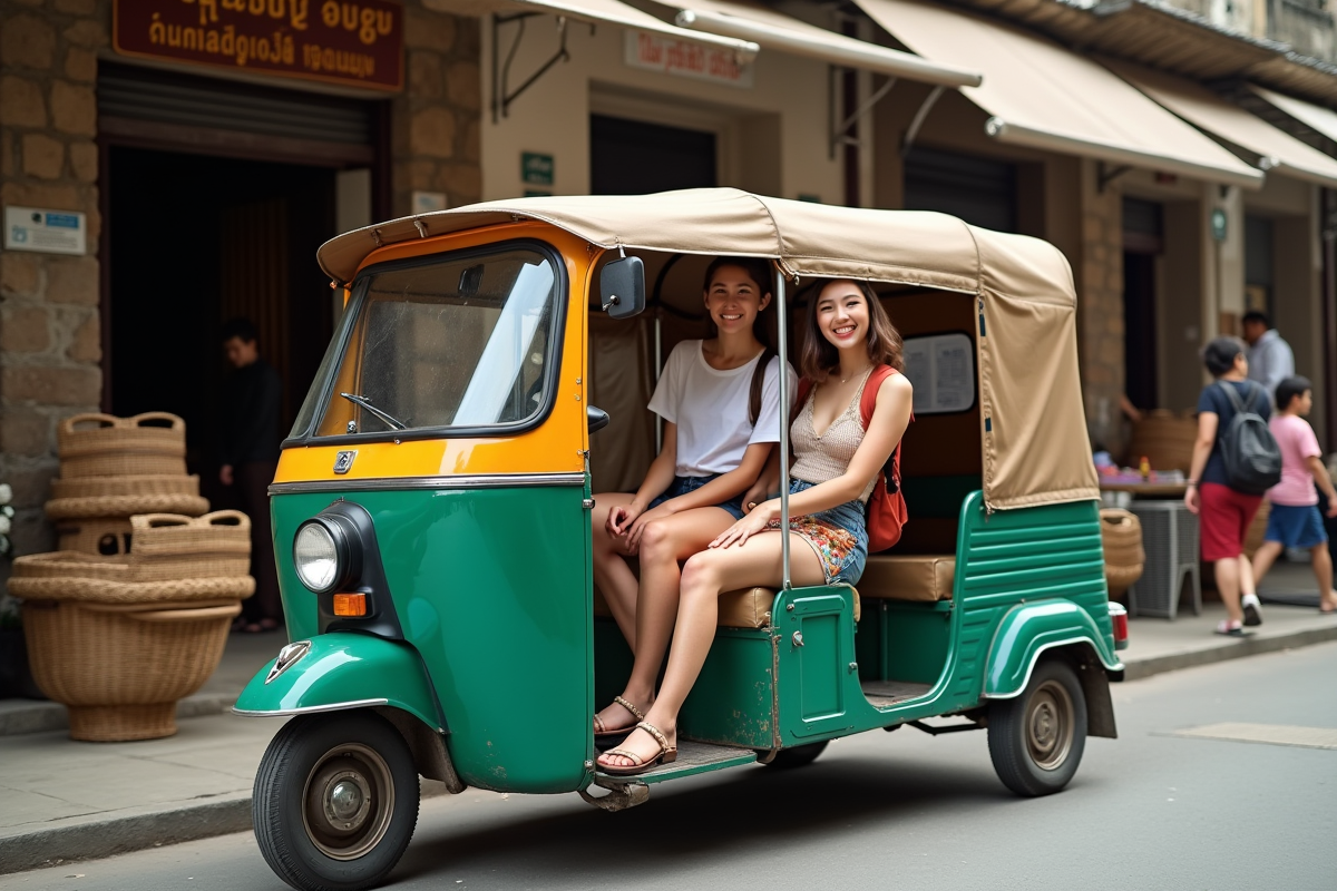 Jeunes touristes souriantes dans un tuk tuk vintage