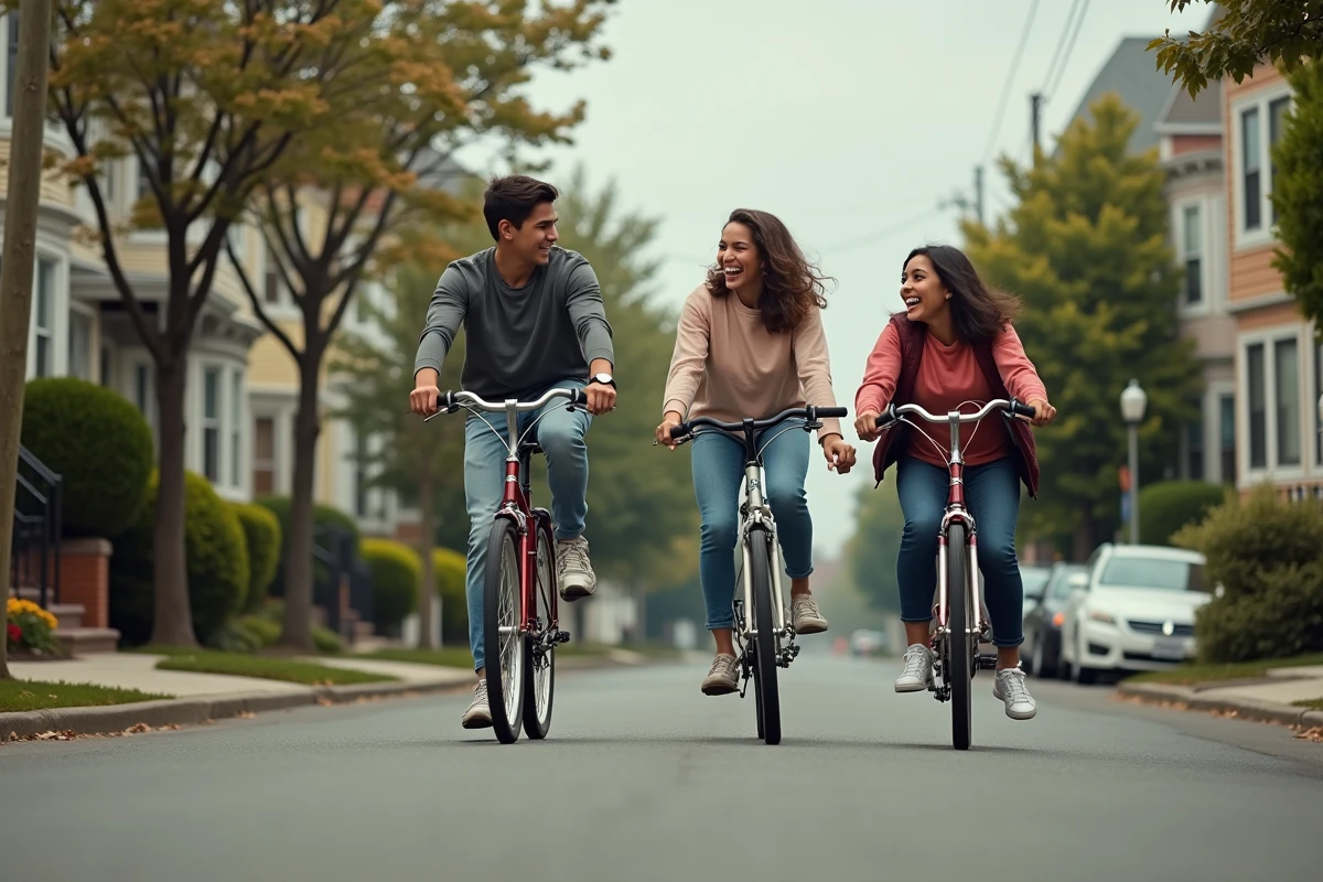 Jeunes en vélo dans un quartier résidentiel