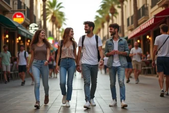 Groupe de jeunes voyageurs dans la rue animée de Paceville