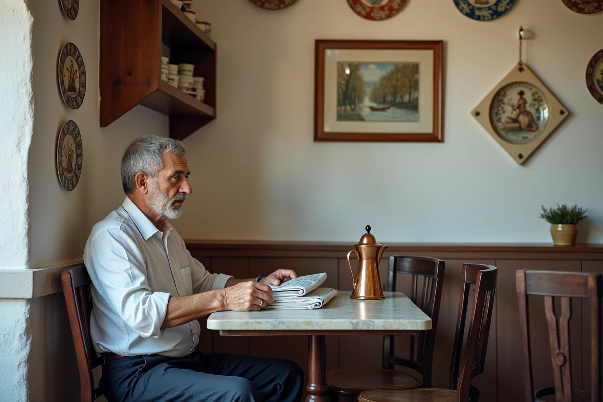 Intérieur authentique d'un kafeneion traditionnel à Aréopoli avec un habitant du Magne attablé devant son café grec