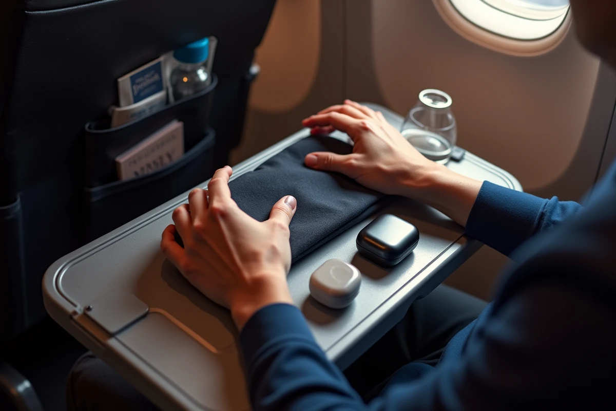 Accessoires essentiels pour survivre à un vol longue distance disposés sur la tablette d'un siège d'avion