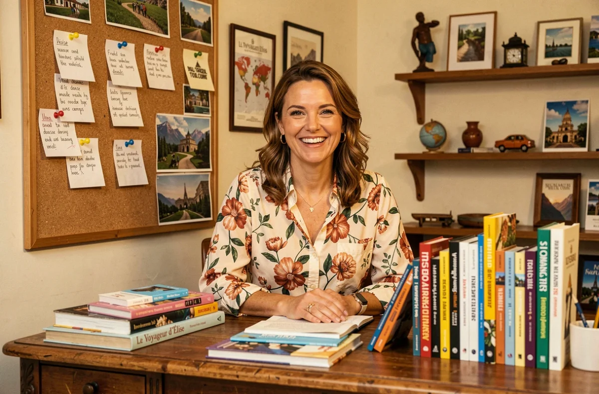 Élise, conseillère du Voyageur d'Élise Tourcom, entourée de souvenirs de voyage et de cartes dans sa boutique personnalisée